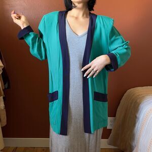 vtg 80s color blocked green open front blazer size 14 made in USA‎ casual
